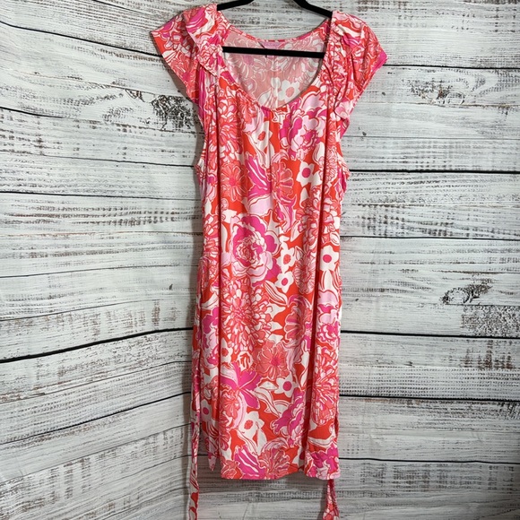 Lilly pulitzer Maya dress Womens Size XL Floral in tango Belted Rayon spring - Picture 3 of 11